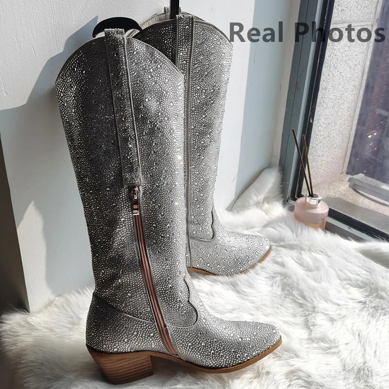 Women Pointed Toe Rhinestone Knee High Western Cowgirl Boots Glitter Bling Shiny Block Heel Lady Boots