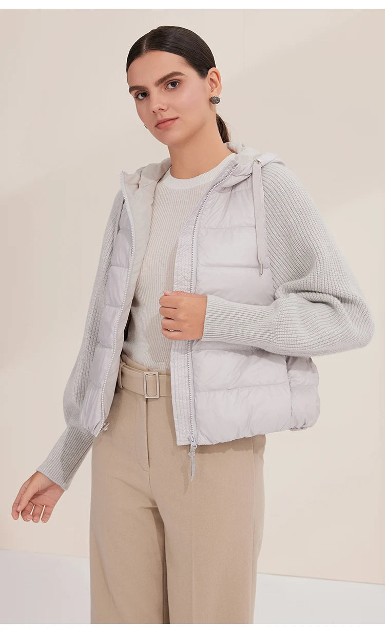 Women's Warm and Stylish Premium Down Jacket, 7-Gauge Luxury Coat With Pure Cashmere Knitted Sleeves