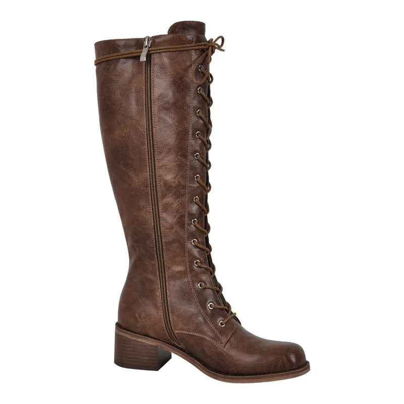 Women Knee High Boots Round Toe Black Matte Gothic Heeled Concise Side Zipper Winter Lace UP Motorcycle Boots
