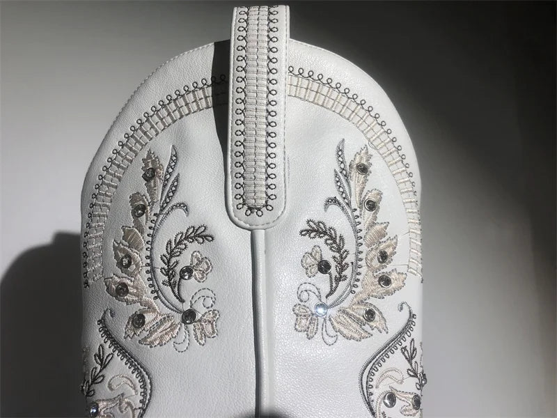 Women Pointed Toe Embroidered White Western Cowboy Boots Block Heel Pull-On Cowgirl Booties