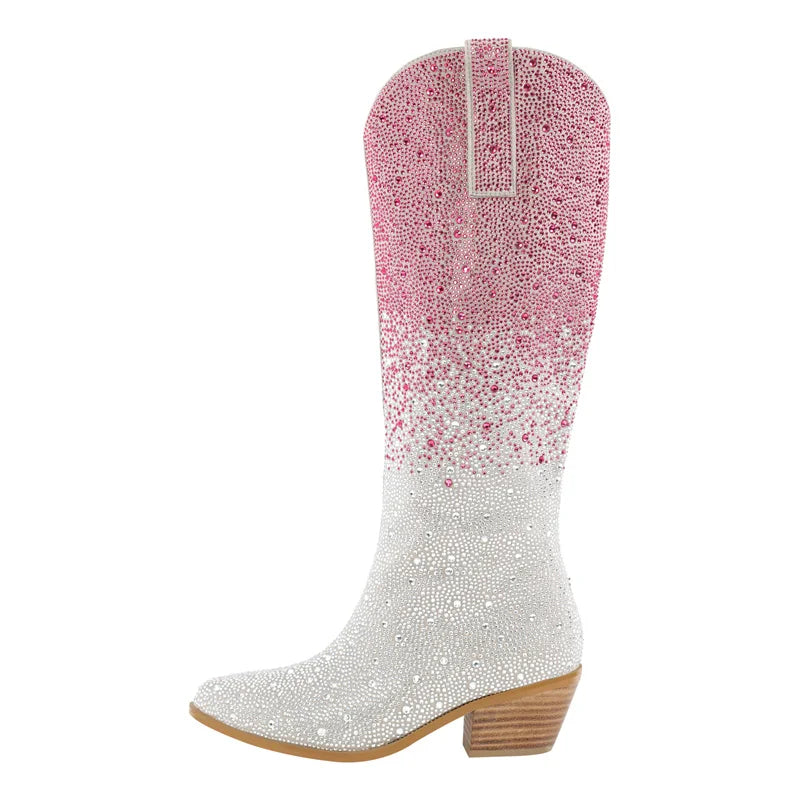 Women Pointed Toe Rhinestone Knee High Western Cowgirl Boots Glitter Bling Shiny Block Heel Lady Boots