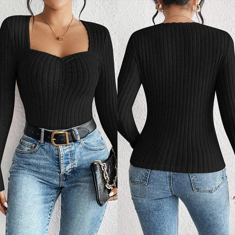 Slim Fit T-Shirts Sweetheart Neck Long Sleeve Solid Colour Autumn Casual Basic Tops Women's Blouses Deals