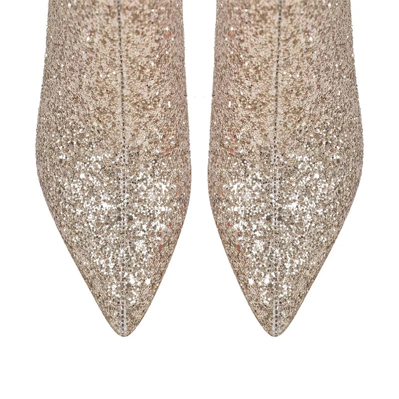 Rhinestone Ankle Boots Pointed Toe Glitter Gold Block Heel Side Zip Female Boots