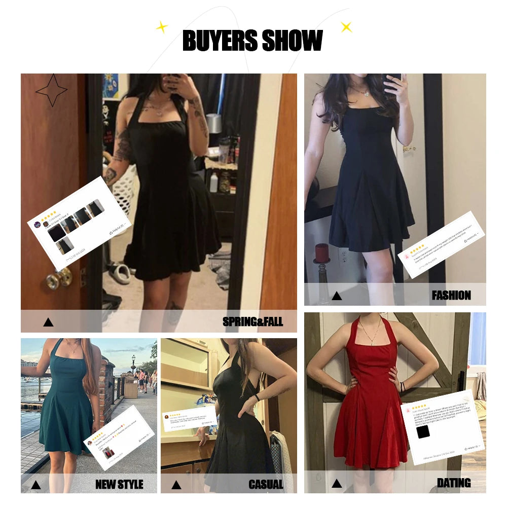 Damesjurken voor alle seizoenen, mode, halter, vierkante hals, geplooide A-lijn, mini, elegante, sexy melkmeisjesjurk