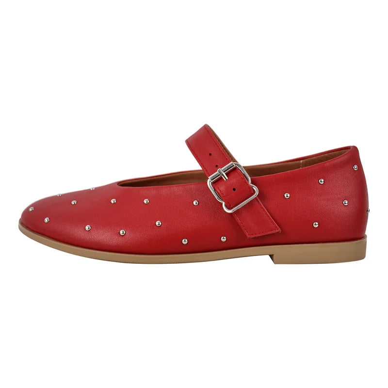Women Round Toe Rivets Mary Jane Flats Buckles Fashion 2024 New Woman Big Size Summer Shoes
