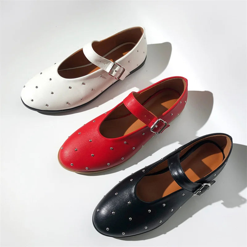 Women Round Toe Rivets Mary Jane Flats Buckles Fashion 2024 New Woman Big Size Summer Shoes
