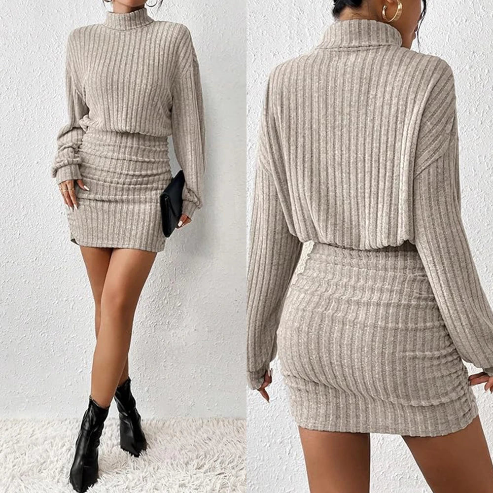 Damesjurken Herfst Winter Casual Effen Gebreide Trui Lange Lantaarnmouwen Hoge Hals Mini A-lijn Korte Jurken