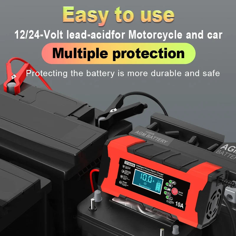 24V 5A 12V 10A Battery Charger Smart Fast Charging for Car Batteries 7-Stage Charge Pulse Repair for AGM GEL WET Lead Acid