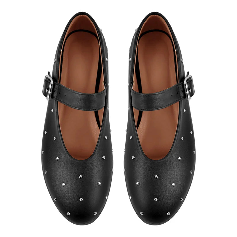 Women Round Toe Rivets Mary Jane Flats Buckles Fashion 2024 New Woman Big Size Summer Shoes