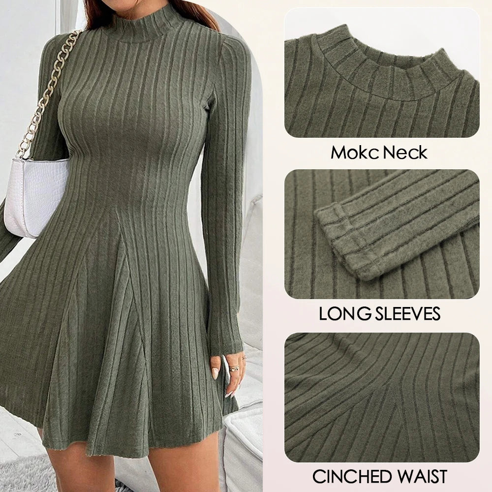 Women's Dresses Fall Winter Simple Solid Colour Long Sleeve Mock Neck A Line High Waisted Flare Hem Casual Short Dresses