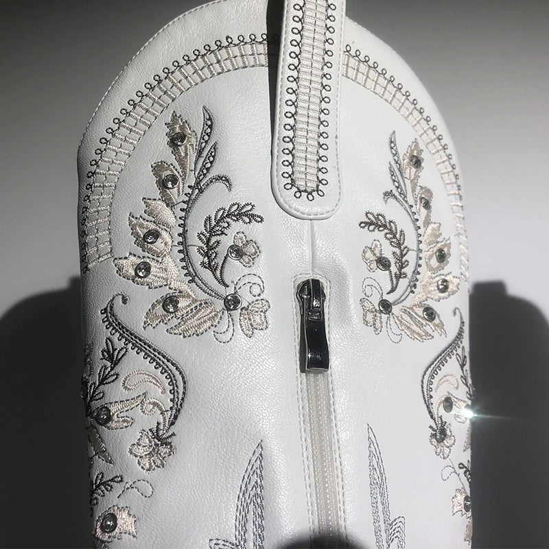 Women Pointed Toe Embroidered White Western Cowboy Boots Block Heel Pull-On Cowgirl Booties