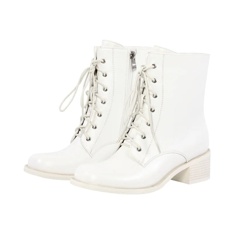 Women Brown Lace UP Ankle Boots Round Toe Gothic Heeled Concise Side Zipper Winter Motorcycle Boots