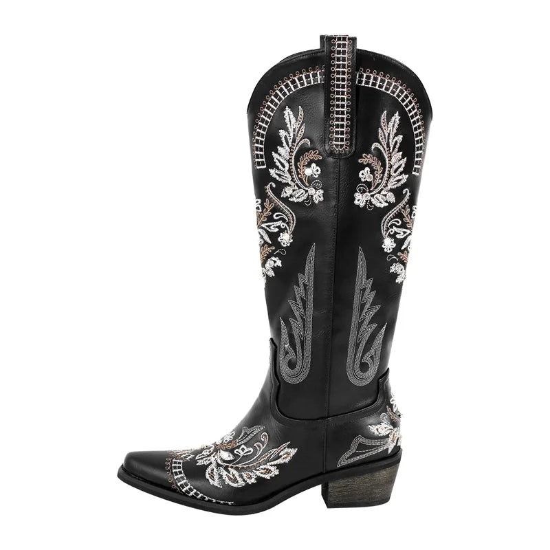Women Pointed Toe Embroidered White Western Cowboy Boots Block Heel Pull-On Cowgirl Booties