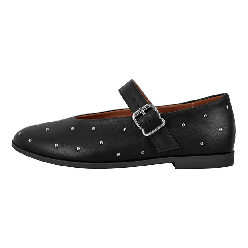 Women Round Toe Rivets Mary Jane Flats Buckles Fashion 2024 New Woman Big Size Summer Shoes