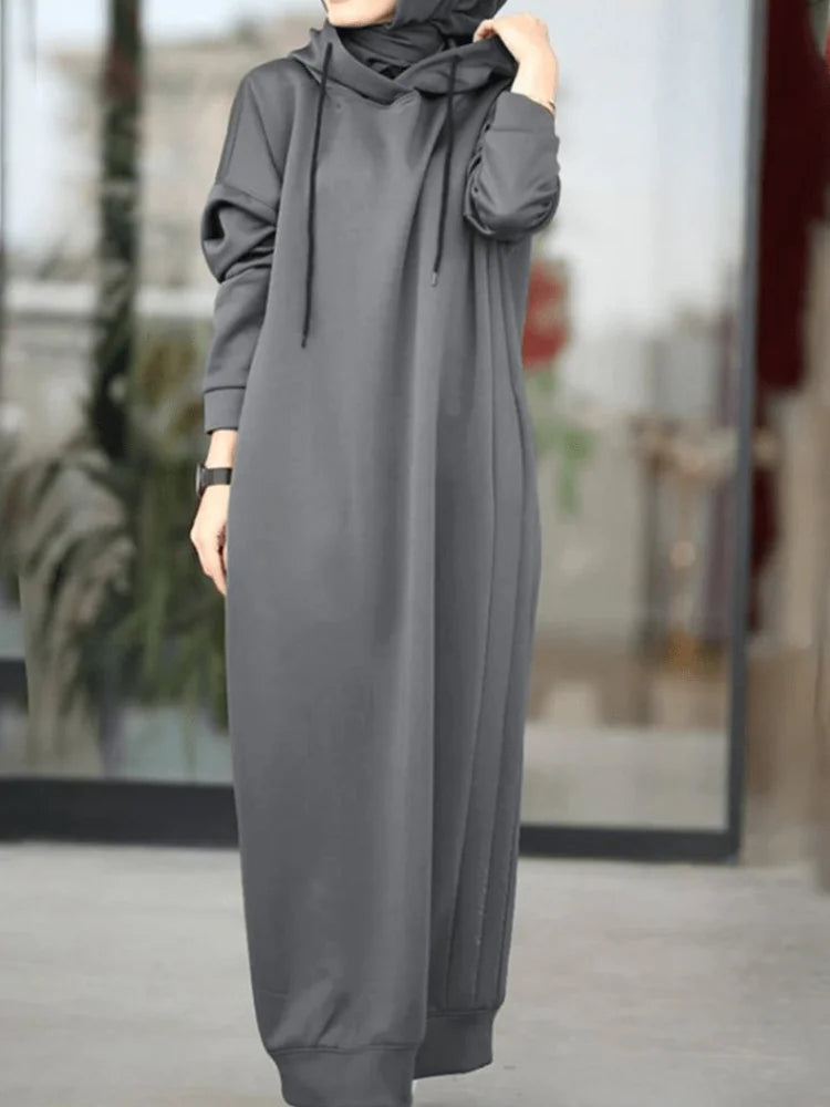 Women Winter Pullovers Stylish Hooded Dress Casual Long Sleeve Maxi Vestidos Female Drawstring Robe Femme