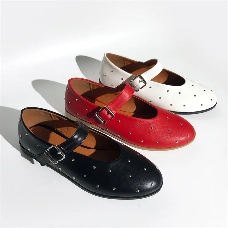 Women Round Toe Rivets Mary Jane Flats Buckles Fashion 2024 New Woman Big Size Summer Shoes