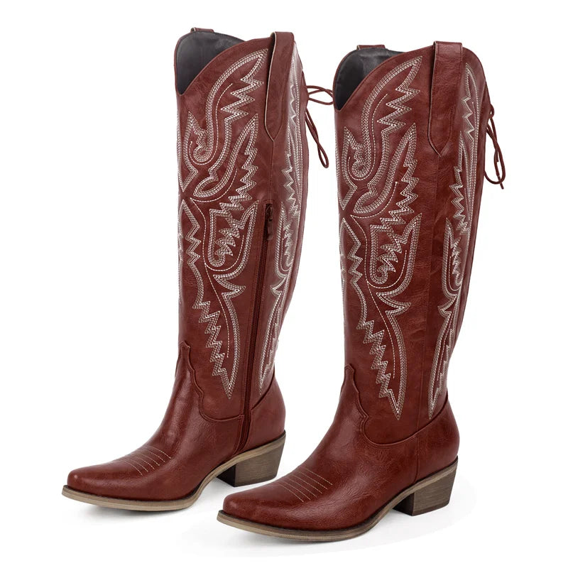 Women Pointed Toe Side Zipper Embroidered Western Cowboy Boots Block Heel Cowgirl Booties