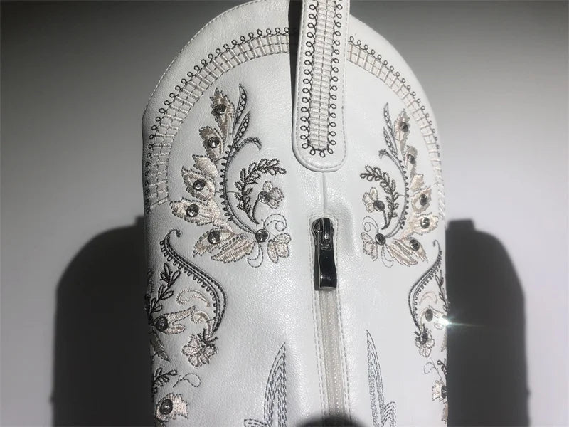Women Pointed Toe Embroidered White Western Cowboy Boots Block Heel Pull-On Cowgirl Booties
