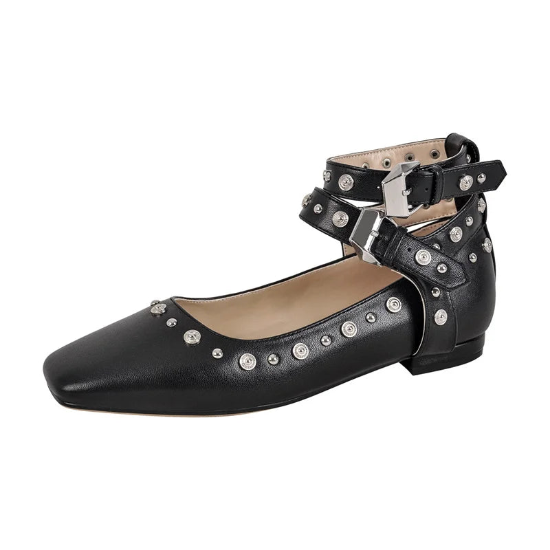 Women White Square Toe Buckle Strap Mary Jane Flats Elegant Big Size Daily Flats Pumps