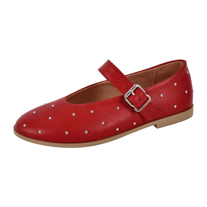 Women Round Toe Rivets Mary Jane Flats Buckles Fashion 2024 New Woman Big Size Summer Shoes