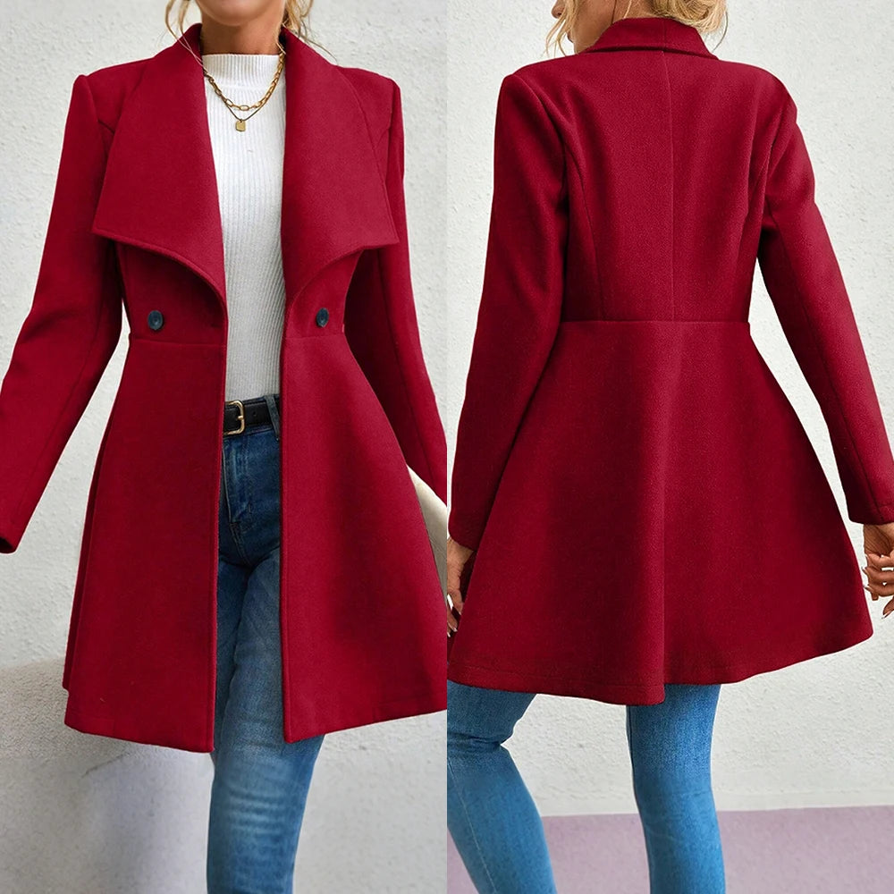 Women's Coats Winter Solid Colour Long Sleeve Lapel Button-Up Work Coats New Year Red Valentine's Day Gift Outer Wears