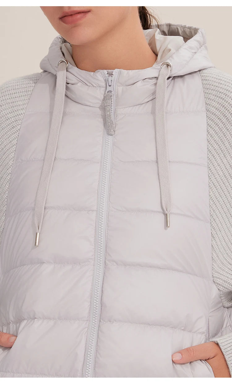 Women's Warm and Stylish Premium Down Jacket, 7-Gauge Luxury Coat With Pure Cashmere Knitted Sleeves