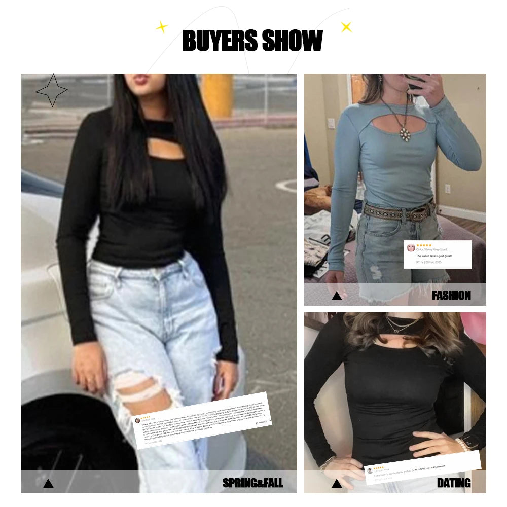 Women's T-Shirts Autumn Korean Cut Out Long Sleeve Round-Neck Skinny Casual T-Shirts