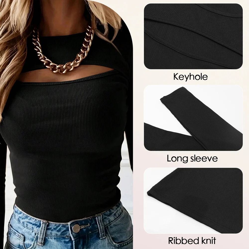 Women's T-Shirts Autumn Korean Cut Out Long Sleeve Round-Neck Skinny Casual T-Shirts