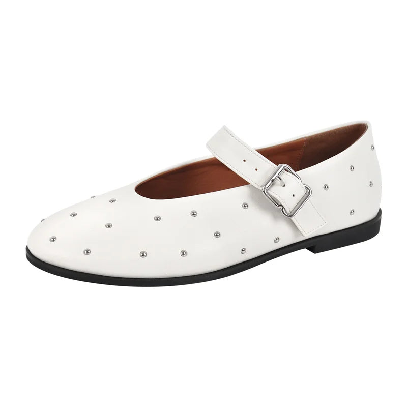 Women Round Toe Rivets Mary Jane Flats Buckles Fashion 2024 New Woman Big Size Summer Shoes