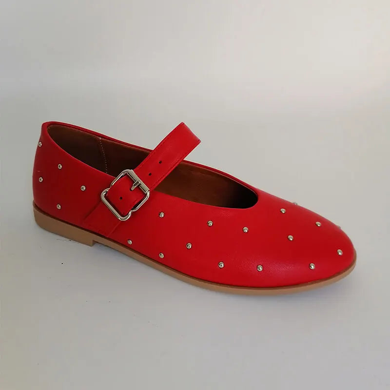 Women Round Toe Rivets Mary Jane Flats Buckles Fashion 2024 New Woman Big Size Summer Shoes