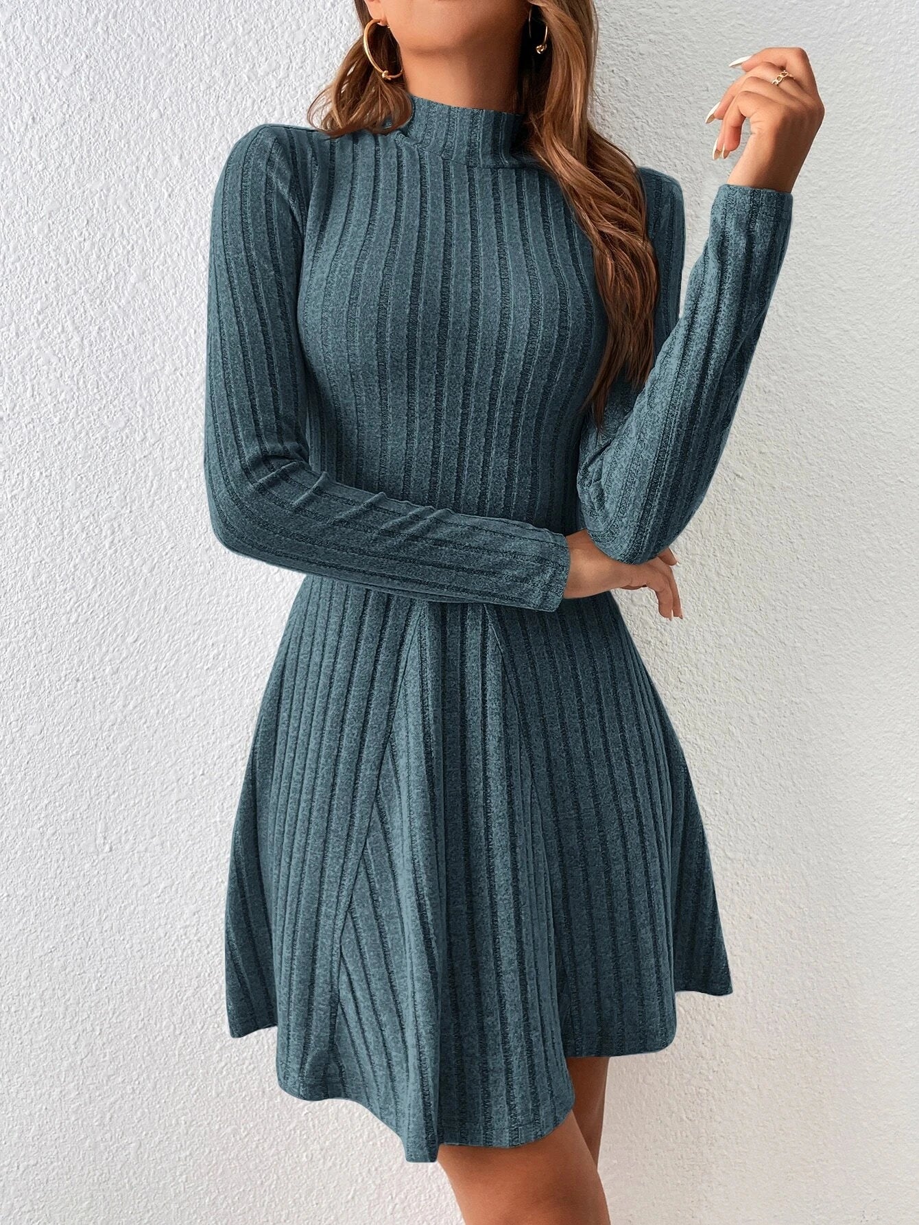 Women's Dresses Fall Winter Simple Solid Colour Long Sleeve Mock Neck A Line High Waisted Flare Hem Casual Short Dresses