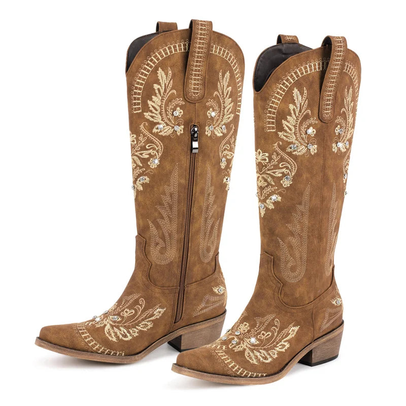 Women Pointed Toe Embroidered White Western Cowboy Boots Block Heel Pull-On Cowgirl Booties