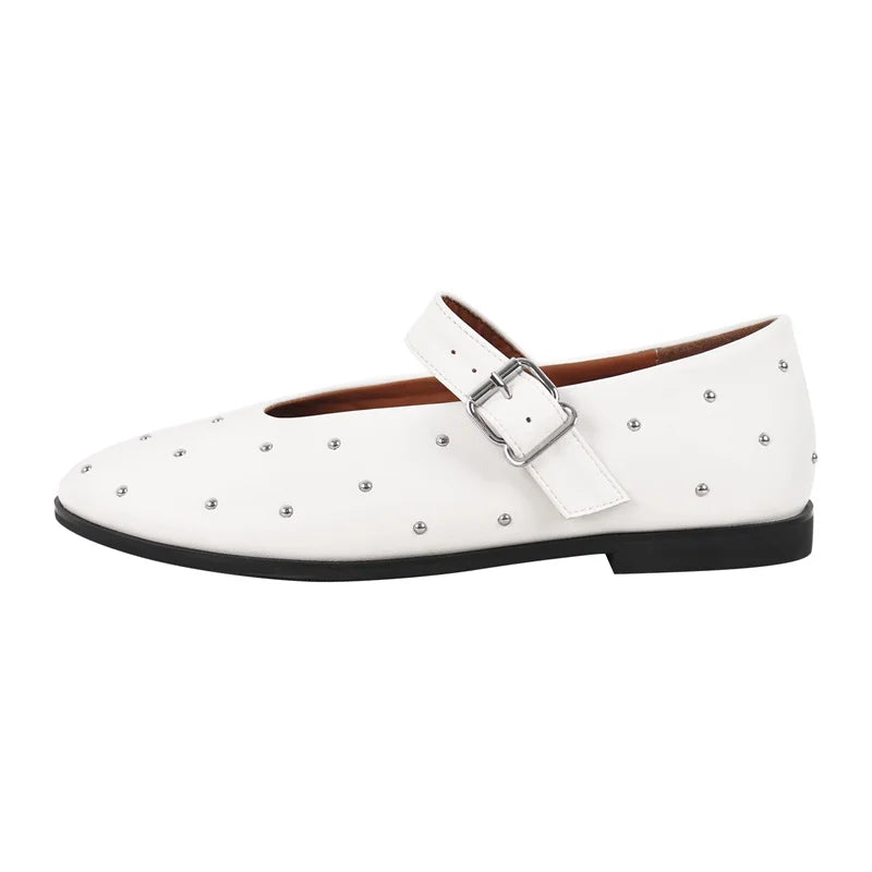 Women Round Toe Rivets Mary Jane Flats Buckles Fashion 2024 New Woman Big Size Summer Shoes