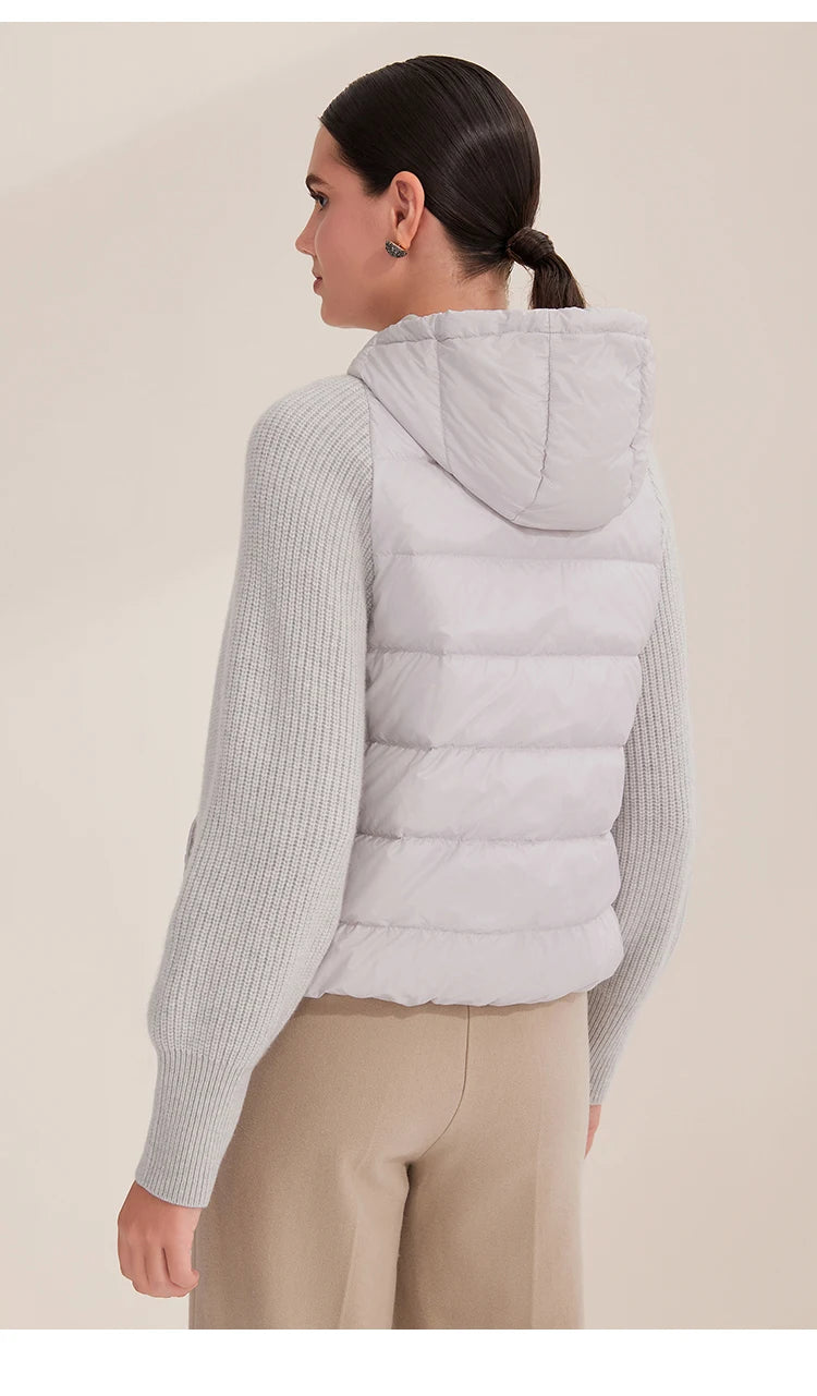 Women's Warm and Stylish Premium Down Jacket, 7-Gauge Luxury Coat With Pure Cashmere Knitted Sleeves