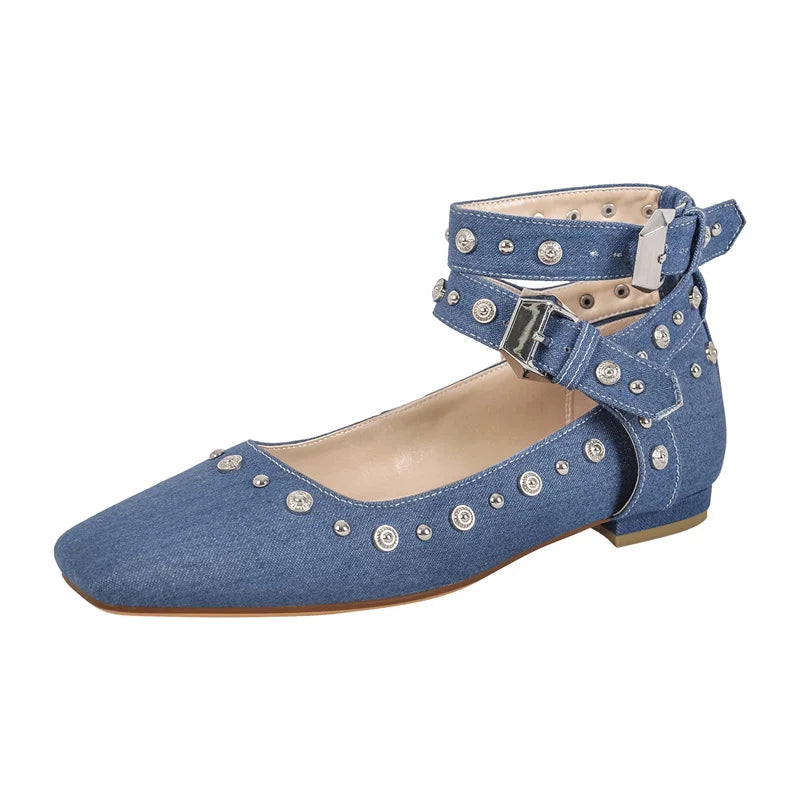 Women White Square Toe Buckle Strap Mary Jane Flats Elegant Big Size Daily Flats Pumps