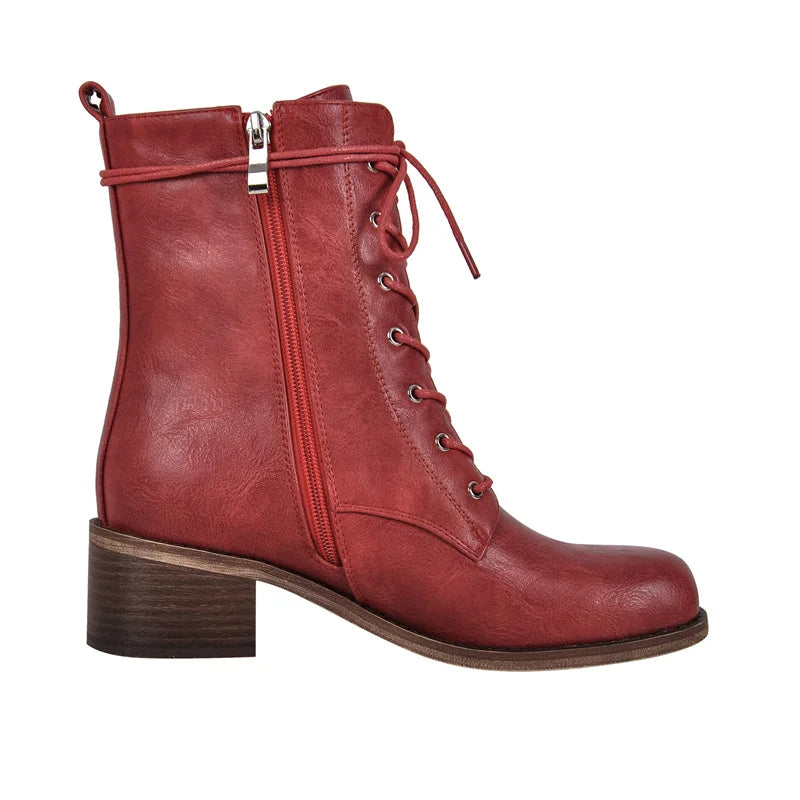 Women Brown Lace UP Ankle Boots Round Toe Gothic Heeled Concise Side Zipper Winter Motorcycle Boots