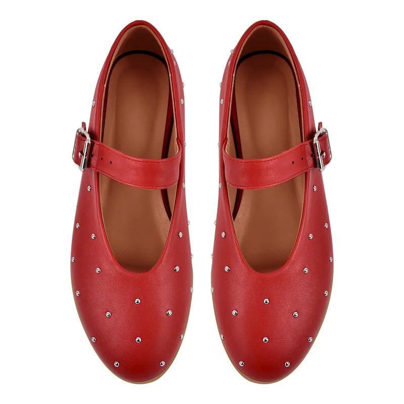 Women Round Toe Rivets Mary Jane Flats Buckles Fashion 2024 New Woman Big Size Summer Shoes