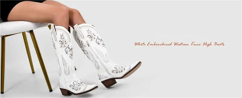 Women Pointed Toe Embroidered White Western Cowboy Boots Block Heel Pull-On Cowgirl Booties