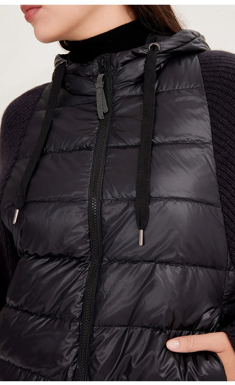 Women's Warm and Stylish Premium Down Jacket, 7-Gauge Luxury Coat With Pure Cashmere Knitted Sleeves