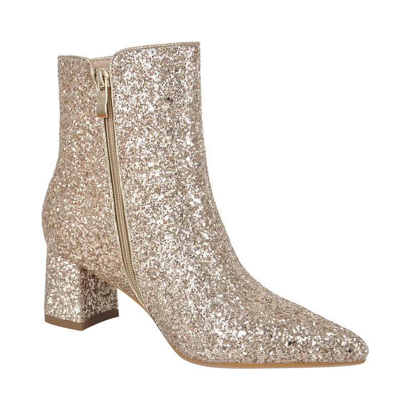 Rhinestone Ankle Boots Pointed Toe Glitter Gold Block Heel Side Zip Female Boots