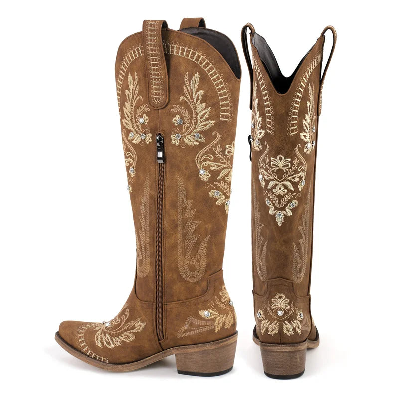 Women Pointed Toe Embroidered White Western Cowboy Boots Block Heel Pull-On Cowgirl Booties