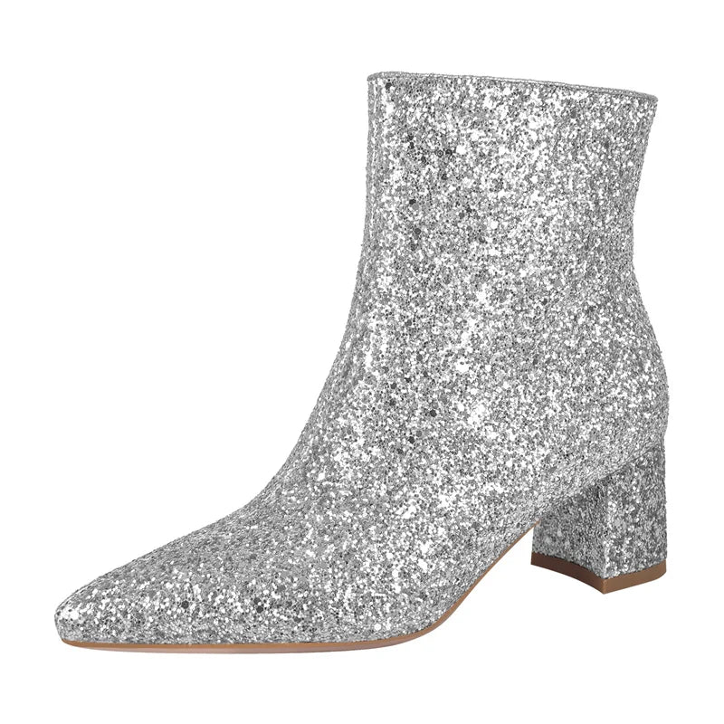 Rhinestone Ankle Boots Pointed Toe Glitter Gold Block Heel Side Zip Female Boots