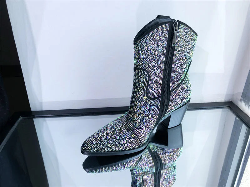 Women Rhinestone Pointed Toe Ankle Boots Silver Glitter Bling Shiny Pretty Gorgeous Dress Cowgirl Boots
