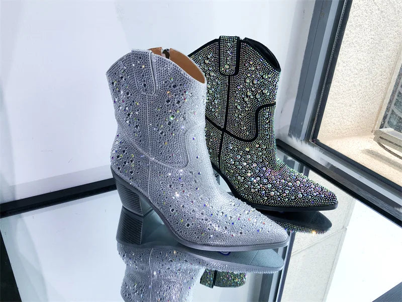 Women Rhinestone Pointed Toe Ankle Boots Silver Glitter Bling Shiny Pretty Gorgeous Dress Cowgirl Boots