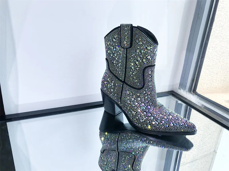 Women Rhinestone Pointed Toe Ankle Boots Silver Glitter Bling Shiny Pretty Gorgeous Dress Cowgirl Boots