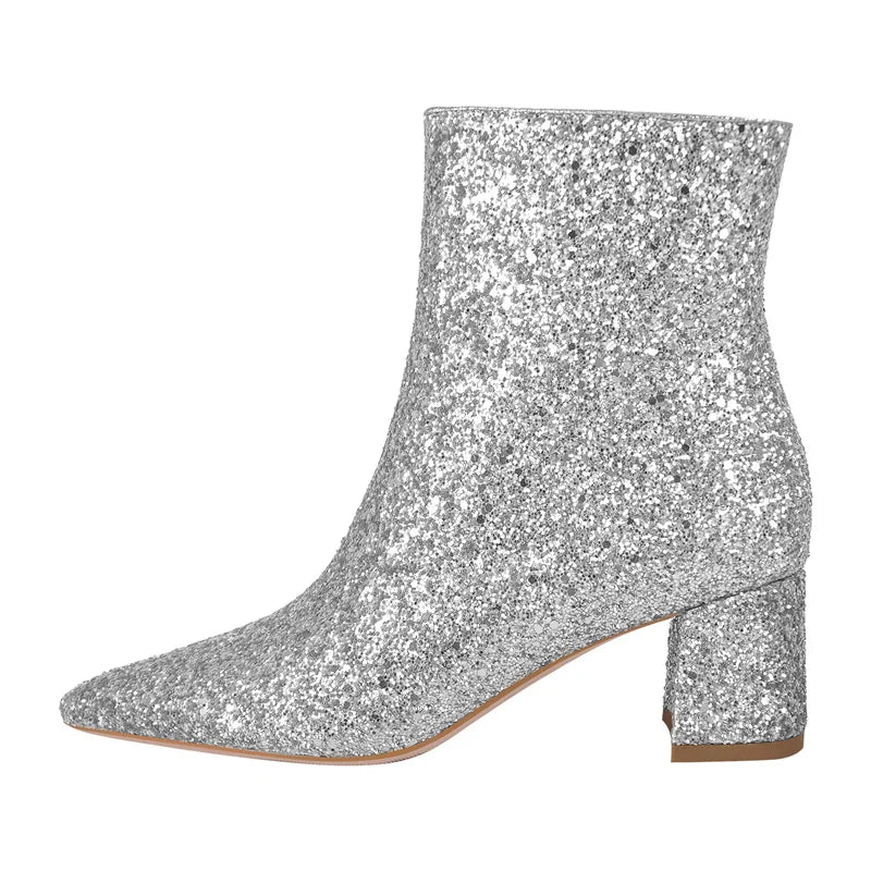 Rhinestone Ankle Boots Pointed Toe Glitter Gold Block Heel Side Zip Female Boots
