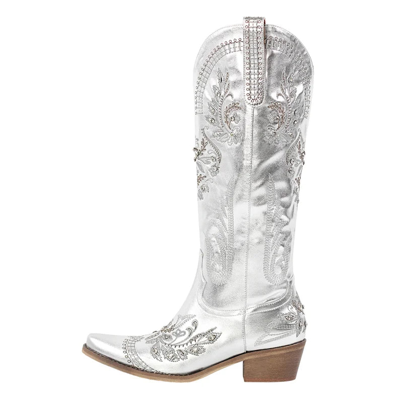 Women Pointed Toe Embroidered White Western Cowboy Boots Block Heel Pull-On Cowgirl Booties