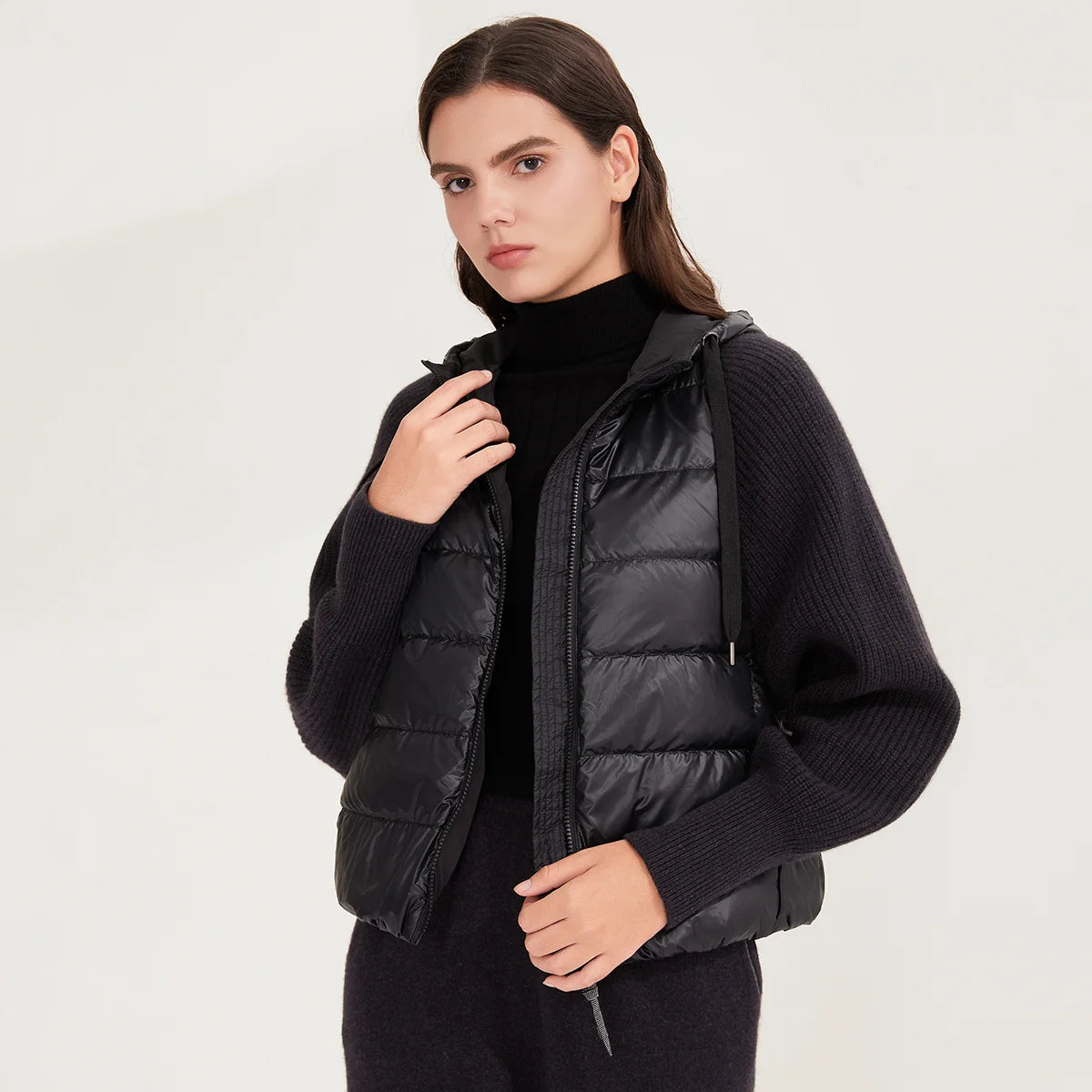 Women's Warm and Stylish Premium Down Jacket, 7-Gauge Luxury Coat With Pure Cashmere Knitted Sleeves