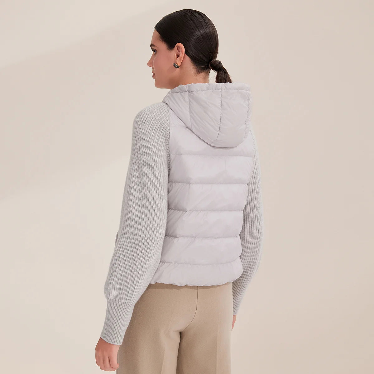 Women's Warm and Stylish Premium Down Jacket, 7-Gauge Luxury Coat With Pure Cashmere Knitted Sleeves