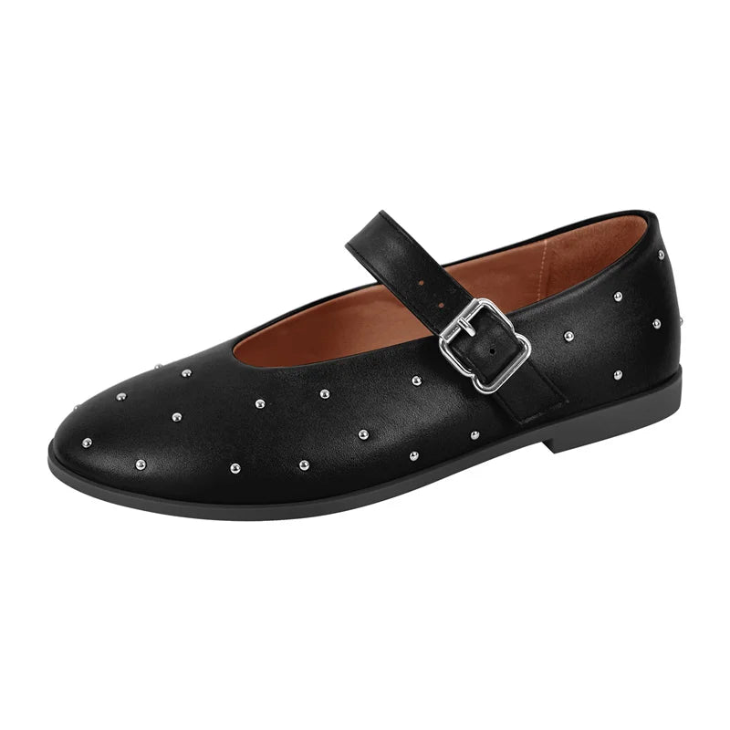 Women Round Toe Rivets Mary Jane Flats Buckles Fashion 2024 New Woman Big Size Summer Shoes